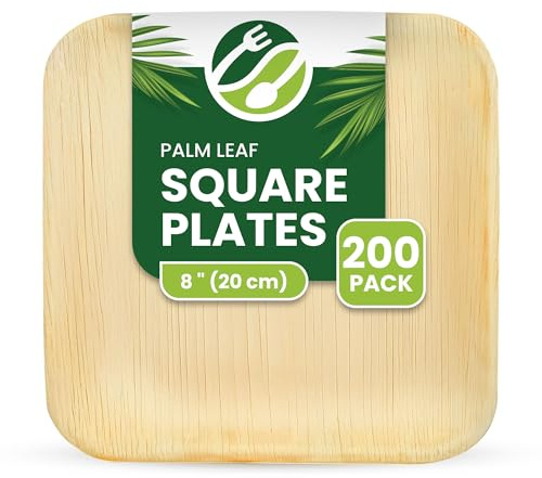 ECO Leaf 200 Pack 8”(20cm) Medium Square Disposable Palm Leaf Plates – Compostable, Biodegradable Bamboo Plates for Weddings, Parties & Picnics, Eco-Friendly, Microwave and Oven Safe