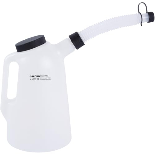 TECPO Ölkanne 2 Liter aus PE, mit Ausgussrohr, Schraubdeckel & Messskala in 0,5 Liter-Schritten, ideal für Motoröl, Bremsflüssigkeit & Batterieflüssigkeit, robust aus Polyethylen, leicht & transparent