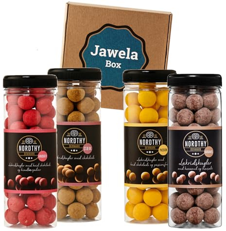 Lakritzkugeln mit Schokolade Nordthy Probierset 4 x 300g - Starklakritz, Karamell-Meersalz, Himbeere, Passionsfrucht - Jawela Mix Box - Probierpaket - Gourmet-Lakritz-Kugeln - Geschenk