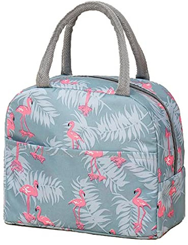 Qukaim Sac à déjeuner isotherme de grande capacité, motif flamant rose, portable et épais avec fermeture éclair pour l'école, le travail, flamant rose gris