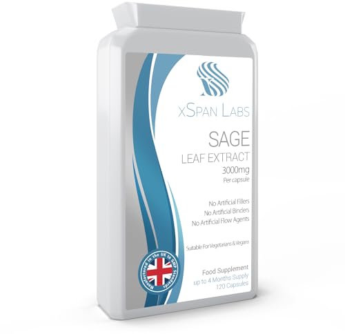 Sage Leaf Extract - 120 Vegan Capsules with a Potent 3000mg, High Strength Formula for Hot Flushes, Night Sweats, Menopause, and Perimenopause - Made in The UK