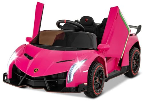 GYMAX Auto Elettrica Lamborghini, Macchina Giocattolo a Trazione Integrale con Telecomando, Luci LED, Funzione USB & MP3, Veicolo per Bambini 3-8 Anni, Velocità 3-6 KM/H (Rosa)