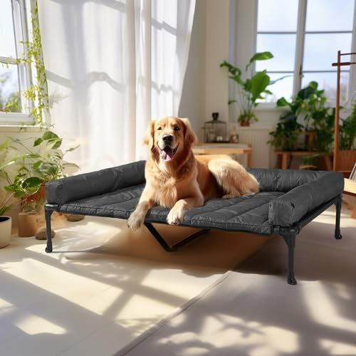 Veehoo Outdoor Hundeliege erhöht, Hundebett Erhöht mit abnehmbarem Bloster Kühlendes Erhöhtes Hundebett mit Atmungsaktivem Teslin-Netz für Haus und Garten, Schwarz 125 x 83 x 22.5cm
