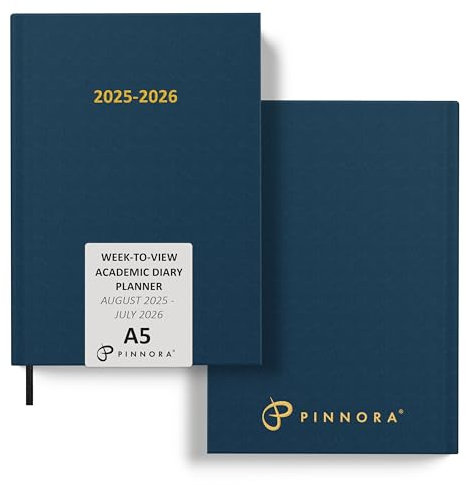 Pinnora A5 Navy Blue Academic Diary 2025-2026 Week to View, Hard Cover, August - July Dated Academic Planner, Ideal Student & Teacher Planner 2025-26, University, Revision, Study, To-Do Lists