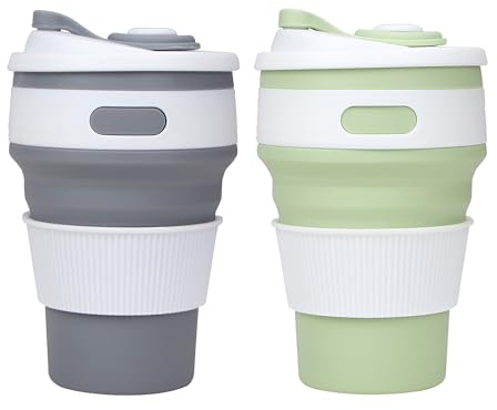 Accmuzzy 2 Pack Collapsible Cup with Lid, Foldable Travel Mug for Hot Drinks, Coffee Cup, Personalised Mug for Picnic, Camping, Hiking, Office (1 Grey 1 Green)