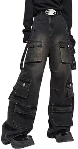 jupkem Herren Baggy Jeans Y2k Goth Vintage Weites Bein Frauen Mode Punk 90er Hip Hop Cargo Hose Harajuku Streetwear mit Tasche