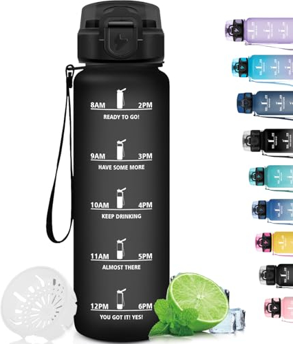 Grsta Botella Agua, Botella Agua Gimnasio con Filtro, Botella Agua 1 Litro, Botella Reutilizable con Marca de Tiempo, Botella Agua Motivacional, para Deporte, Gimnasio, Correr, Bicicleta, Negro
