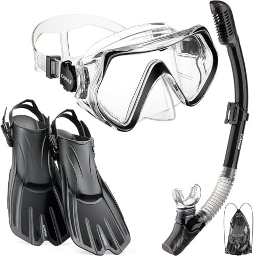 CAPAS Schnorchelset mit Flossen, Schnorchelausrüstung in Reisegröße für Erwachsene mit kurzen verstellbaren Schwimmflossen, Hochresistente Tauchermaske und Dry Top Schnorchel, mit Tragetasche