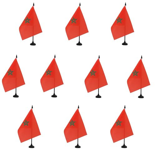AZ FLAG - Lot de 10 Drapeau De Table Maroc 21x14 cm - 10 Petits Drapeaux Marocain De Bureau 100% Polyester Avec Hampe De 25cm Et Socle En Plastique Noir
