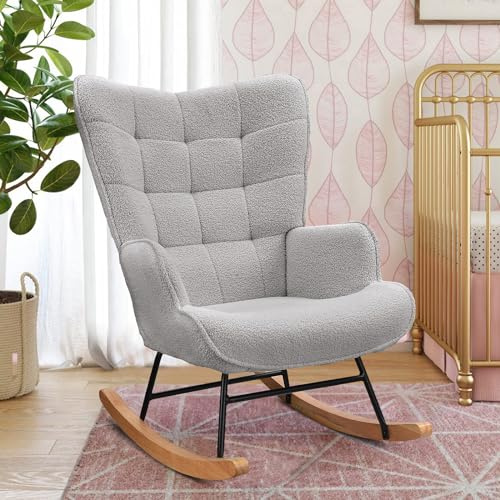 Sillón Mecedora de Terciopelo Teddy, Silla Lactancia, Silla Lectura, sillón Relax, butaca Mecedora para Sala y Dormitorio, Respaldo a Cuadros, 92 x 68 x 75 cm, Gris Claro