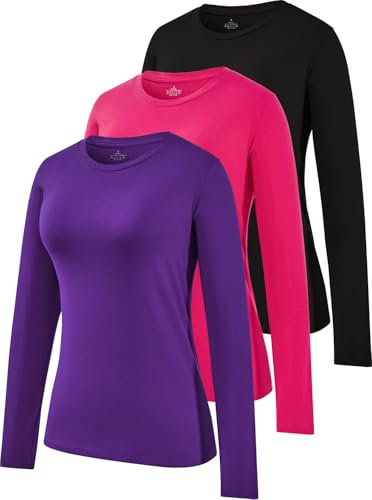Star Vibe 3 Pack Crew Neck Long Sleeve Top Long Sleeve Tops Women Ladies Running Tops Black/Rose/Purple S