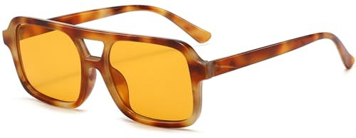 Laurinny Retro Quadratische Sonnenbrille Damen Herren 70er Jahre Vintage Trendy Brille Klassisch mit Double Brücke Sonnenbrille(Gelb Leopard/Orange)