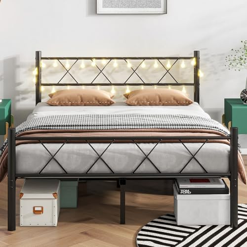 HOJINLINERO Bettgestell 140x200 mit Beleuchtung,Bett 140x200 mit Lattenrost,Bettrahmen Metall,Metallbett Doppelbett Gästebett Jugendbett mit Stauraum unter dem Bett für Schlafzimmer,Weiß