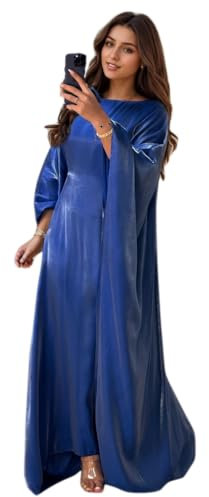 RUIG Women Satin Abaya Dress Islam Muslim Summer Batwing Sleeve Maxi Dress Kaftan Robe Ramadan Clothes Darkblue
