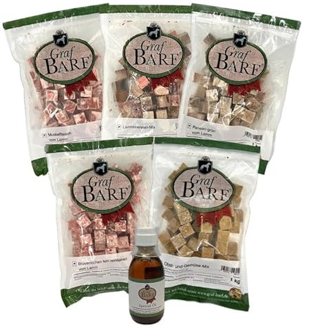 Graf Barf Vorteilspaket vom Lamm (5xMuskelfleisch, 2xPansen grün, 1xInnereien-Mix, 1xKnochen fein zerkl., 1xObst-&Gemüse-Mix, 1xSpezial Öl 200ml)-10kg