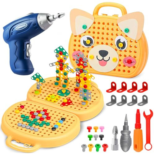 Montessori - Caja de juguetes de mosaico con taladro eléctrico, rompecabezas de mosaico, juego de herramientas de tornillo, 3, 4, 5 años, niños para niños y niñas
