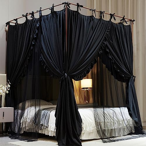HUOQOU 4-Pfosten Prinzessinnen Betthimmel – Doppelschichtiges, Gemütliches Moskitonetz aus Mesh & Stoff für Mädchenzimmer Dekoration (Schwarz, 1.35W*2L*2.1H(m))