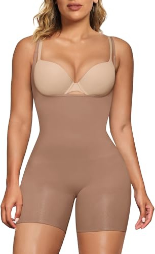 SHAPERX Women's Shaping Bodysuits Open Bust Tummy Control Body Shaper Mid-Thigh Bodysuit Shorts Seamless Shapewear, UK-SZ5258-2-Sienna-S/M