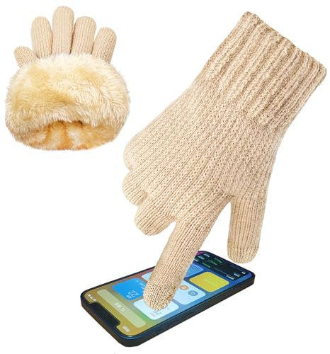 lifwimner Winterhandschuhe Damen mit Fleecefutter, Touchscreen Warme Strickhandschuhe Thermo Winter Handschuhe für Outdoor Sport Laufen Radfahren(Beige)