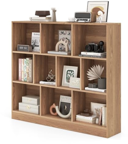 KOMFOTTEU Bücherregal 10 Fächern, Offenes Würfelregal 3 Ebenen, Standregal Aufbewahrungregal mit Kippschutz, Büroregal Spielzeugregal Holz (Natur, 120 x 24 x 104 cm)