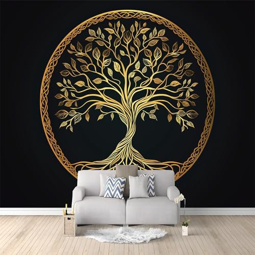 Arbre De Vie De Lignes Simples En Or Noir Papier Peint Panoramique 3D Murales Or Noir Murale 3D Papier Peint Intissé Poster Décoration Fond De Mur Tv Salon Papier Peint Murales 400x280 cm