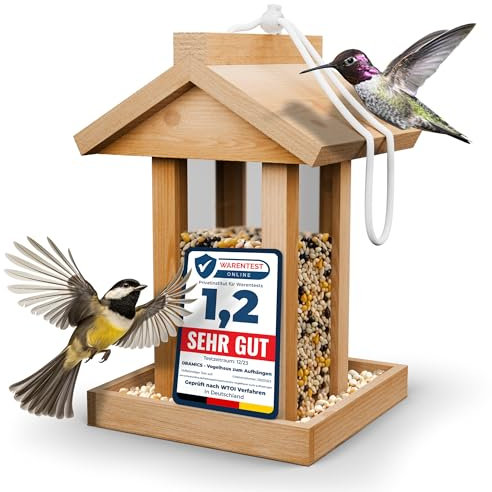 Vogelfutterhaus aus Holz mit Aufhängevorrichtung – Wetterfestes Futterhaus mit transparenter Seitenwand, leicht zu befüllen Dank abnehmbarem Dach – Vogelhaus 14,5x14,5x22 cm (1 Stück)