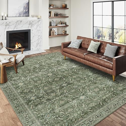 HUGEAR Vintage Grün Waschbarer Teppich Wohnzimmer 240x300cm Retro Rugs for Living Room Weich rutschfest Groß Tepich Kurzflor Schlafzimmer Carpet Living Room Bedroom Esszimmer Teppiche Büro