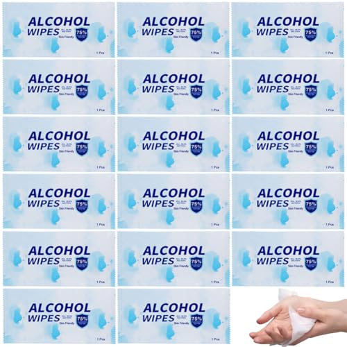 Lot de 50 lingettes humides de voyage jetables anti-virus emballées individuellement ; lingettes douces pour la peau pour les mains et le visage, lingettes portables à 75 % d'alcool pour voyage