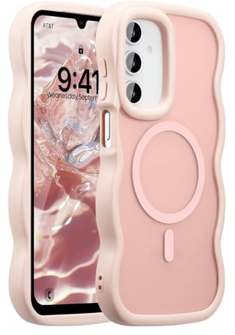 UEEBAI Coque Magnétique pour Samsung Galaxy A16 4G/5G, Wave Frame Étui en Silicone Liquide avec Recharge sans Fil, Housse de Protection Antichoc Souple Bumper Cover Flip Case, Rose