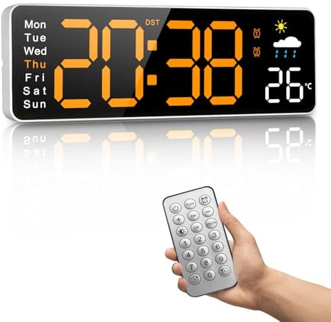 PiKaPiKaP 12'' große Digitale Wanduhr für Wohnzimmer, Fernbedienung, Dual-Alarm, großes LED-Display, automatische Helligkeit, Datum, Temperatur, Wetterbericht, Timer