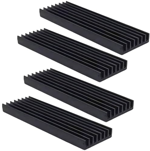 RLMVGBX 4 Pack Black Aluminium Heatsinks 70x22x6mm Thermal Tape for M.2 SSD | Finned passive cooling design with 1.3W/mK thermal tape, tool-free install for M.2 SSD routers power adapters transistors