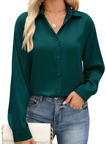 PASUDA Chemise Femme Chic et Élégante Satin à col en V Chemisier Manches Longues Soie Blouse Boutons Hauts Décontracté Affaires Soirée Shirts Ample Fluide Tunique Tops