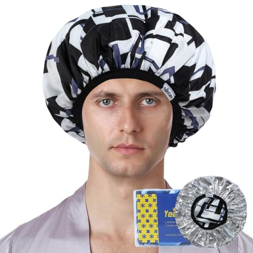 Years calm Men’s Heat Cap for Deep Conditioning – Reusable Hair Treatment Cap with Foil Lining, Stretchable Elastic Band, Stylish Print, for Steam Therapy, Hair Mask, Oil (Black and white, One Size)
