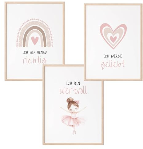 Mutzauber® Poster Affirmationsposter A4 Kinderzimmer Mädchen Bilder Motivation Ballerina Regenbogen Herz Kinder Kindergarten verschiedene Motive Wandposter (A4 Ballerina rosa)