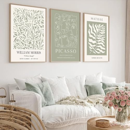 LTjiajuypd Grünes abstraktes geometrisches Pflanzenlinien-Porträt, Wandkunst, Leinwand-Set, Drucke, Matisse, Picasso, William Morris, grüne Raumdekoration (30 x 40 cm, 3 Stück)