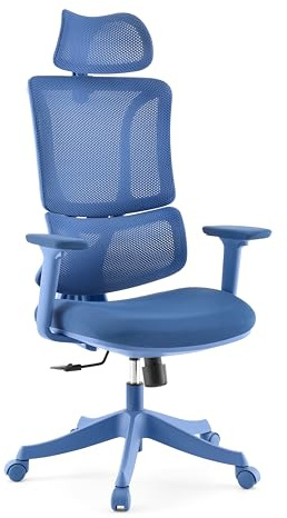 MyBuero Bürostuhl Ergomy Colore – ergonomischer Schreibtischstuhl, atmungsaktiver Rückenlehne, Verstellbarer Lordosenstütze, 3D Armlehnen & Kopfstütze, Blau