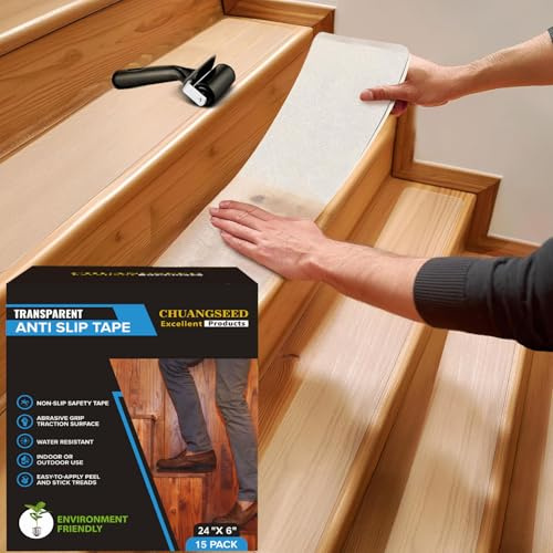 CHUANGSEED 15 Bandes 15cmx61cm,Transparent Ruban adhésif antidérapant escalier,Bandes Antidérapantes pour Bois escaliers et Salle de Bain,Clear Antiderapant Autocollant pour Marche escalier Interieur