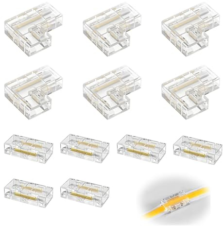 12 Stk COB LED Streifen Verbinder 2 Polig 10mm, 6 Stück L Form Eckverbinder und 6 Stück Mittelverbinder Transparent LED Strip Verbinder Lötfrei und für LED COB SMD Streifen 12V 24V