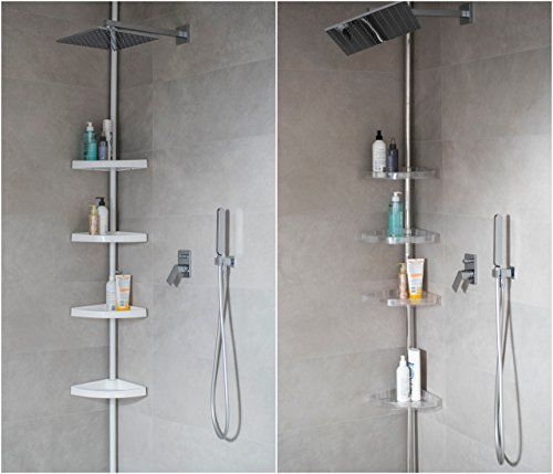 KS Handel BADREGAL TELESKOPREGAL 4 BÖDEN WEISS CHROM ECKREGAL DUSCHABLAGE DUSCHREGAL 2 FARBEN UND 2 LÄNGEN (290, Silber glänzend)