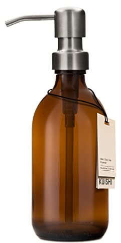 Kuishi Braunglas-Pumpflasche mit Edelstahlpumpe [300 ml, Silberne Pumpe], Braunglas-Seifenspender, nachfüllbare Braunglasflaschen, ideal für Handwäsche, Shampoo, Spülung, Duschgel (BPA-frei)