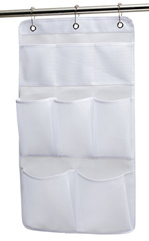 KIMBORA Mesh Shower Organizer Hanging Bathroom Caddy 8 Pockets Hang Curtain Rod with 3 Rings