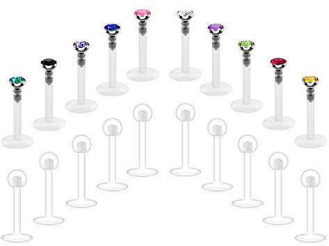 FECTAS 20 Stück 16 Gauge klarer Lippenstecker, flexibel, Piercing, Ohrpiercing, Labret, Piercing, Schmuck, 6/8/10 mm, Kunststoff, Ohne Stein