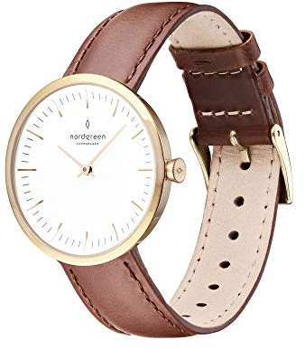 Nordgreen Skandinavische Design Damen Uhr Analog Quarz Gold | Weißes Ziffernblatt | Braunes, auswechselbares Leder Armband | Modell: Infinity