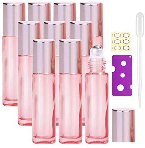 Alledomain 10Pcs, 10ml Essential Oil Roller Bottles Refillable Transparent Rose Gold Glass Roll on Bottles Clear Roll Bottles with Stainless Balls & Rose Gold Cap, Include Label, Dropper & Opener