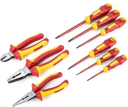 SATA ST09262U Juego de Herramientas Aisladas VDE de 9 Piezas con Alicates para Electricistas y Juego de Destornilladores para Electricistas con Hojas de Acero S2