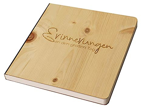 Holz Gästebuch mit eingraviertem Schriftzug Erinnerungen an den großen Tag, Fotoalbum und Stammbuch für verschiedene Anlässe, bestehend aus Echtholz, Zirbenholzcover