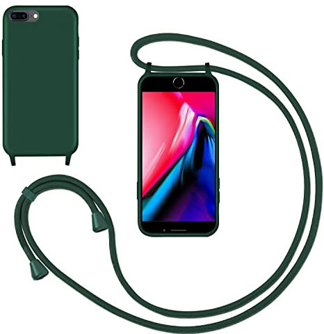 Coque pour iPhone 7 Plus/iPhone 8 Plus avec Cordon,Souple Silicone Housse avec Bandoulière en Nylon, Réglable Lanyard Case Protection Complète Cover Etui Antichoc Protection,Vert