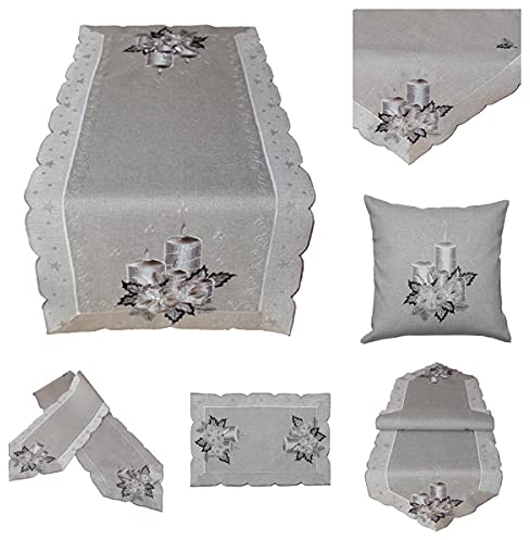 Tischdecke Mitteldecke Deckchen Tischläufer Kissenhülle Weihnachten grau Silber Bestickt mit Kerzen (30 x 70 cm)