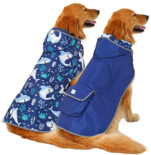 HDE Wendbarer Hunde-Regenmantel mit Kapuze, für kleine, mittelgroße und große Hunde, Haie, Größe XXL