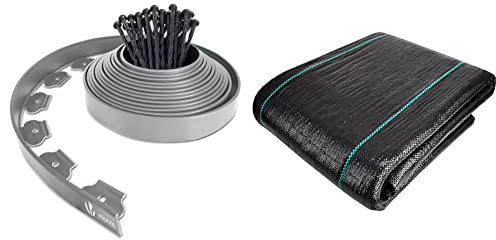 VOUNOT Bordure de Jardin en Plastique 10 mètres avec 30 Piquets d'ancrage Bordurette de Pelouse, Hauteur 50mm, Epaisseur 4mm & Toile de Paillage 10M x 2M en Fibres de Polypropylène Tissées Anti-UV